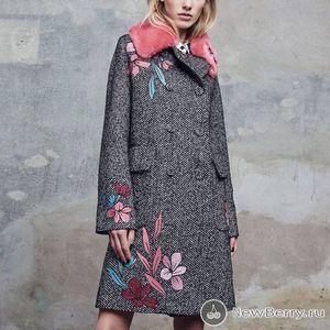 🆕 Sfizio Italy Wool Herringbone Floral Embroidered Faux Fur Pea Coat Black Pink